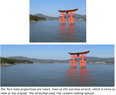 The Torii Gate proportions are intact, even at this extreme stretch, which is twice as  wide as the original. The stretched coast line remains looking natural.