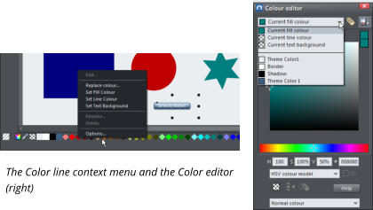 The Color line context menu and the Color editor (right)