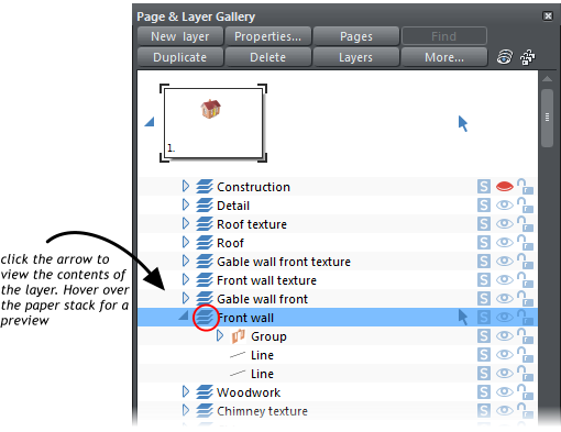 click the arrow to view the contents of the layer. Hover over the paper stack for a preview