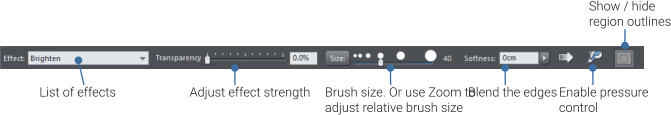 List of effects Adjust effect strength Brush size. Or use Zoom to  adjust relative brush size Blend the edges Enable pressure control Show / hide  region outlines